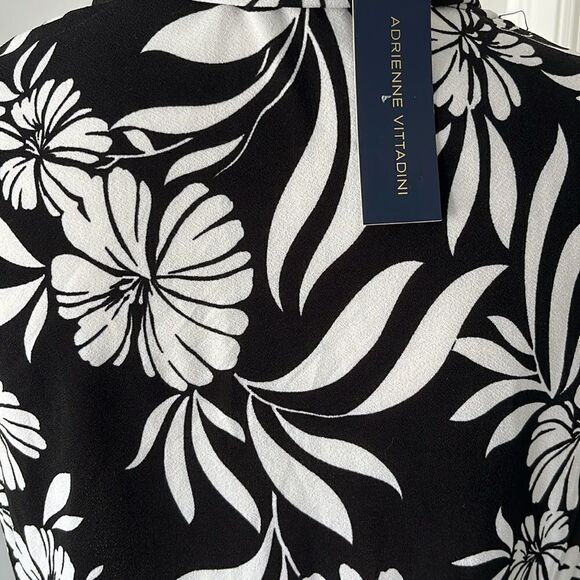 Adrienne Vittadini Black and White Floral Blouse with Tie Front Classic - Picture 5 of 7